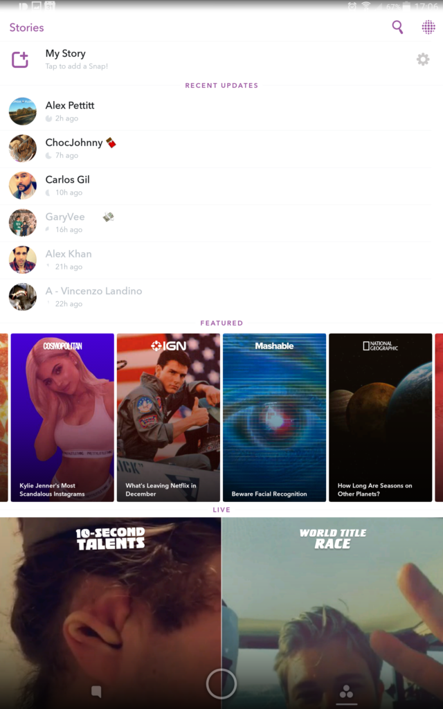 The Snapchat feed screen with the discover and live feeds.