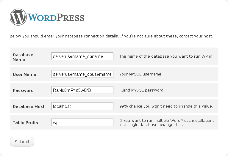 WordPress database connection details