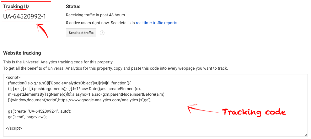 The GA tracking code is what you're supposed to copy and paste. But today we will only need the tracking ID.