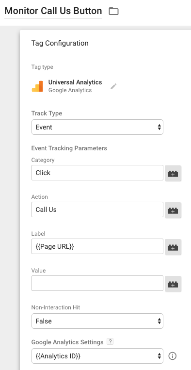 Filling in the Google Tag Manager spaces for event monitoring.