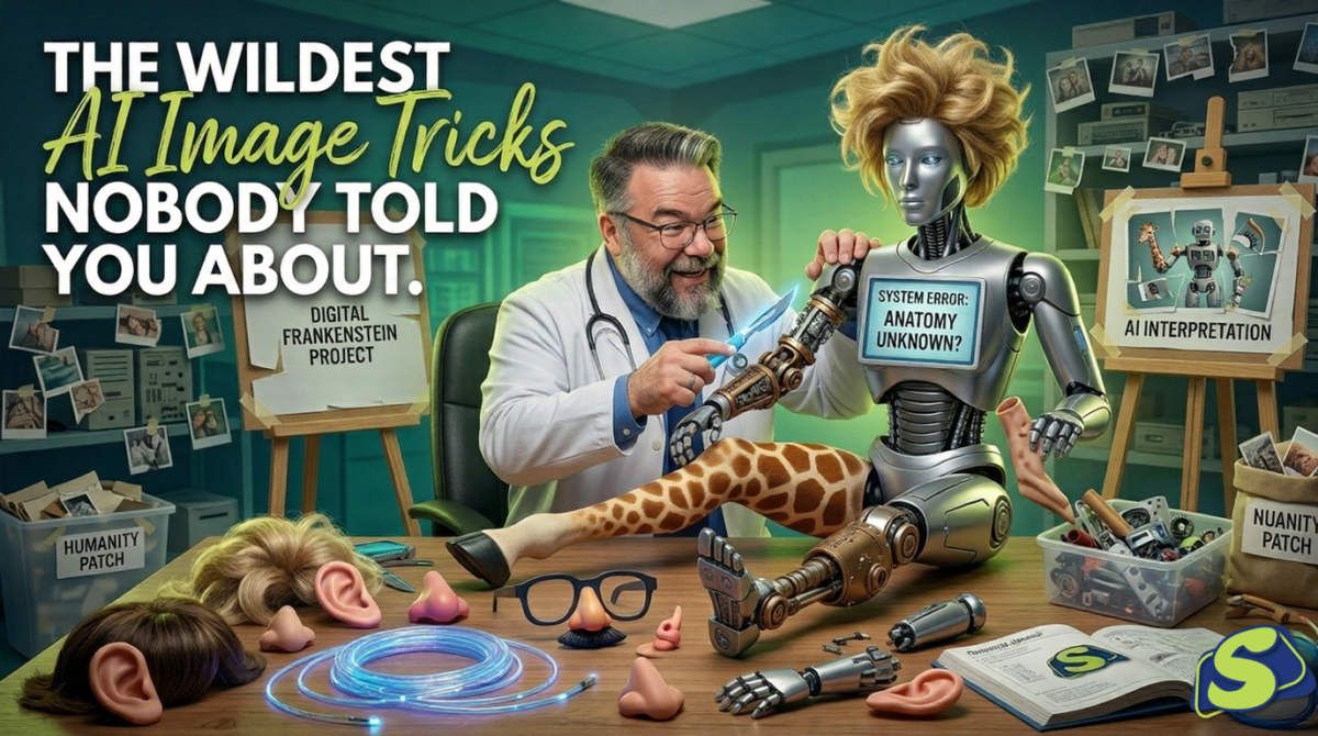 The Wildest AI Image Tricks Nobody Told You About. use the doctor in the uploaded image, in the scene he's playing with the robot like a mister potato head where he customizes her one arm and one leg and she has a blond wig